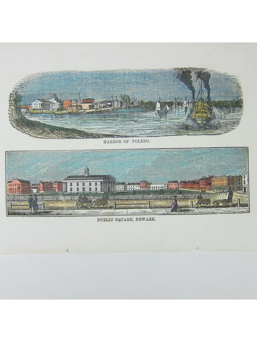 Engraving Print Ohio Toledo Harbor & Newark Square Hand Colored Antique 1847